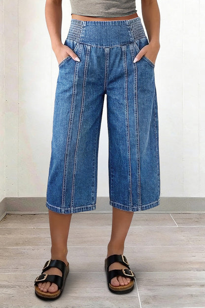 Stitch Detail Shirred High Waist Wide Leg Capri Jeans