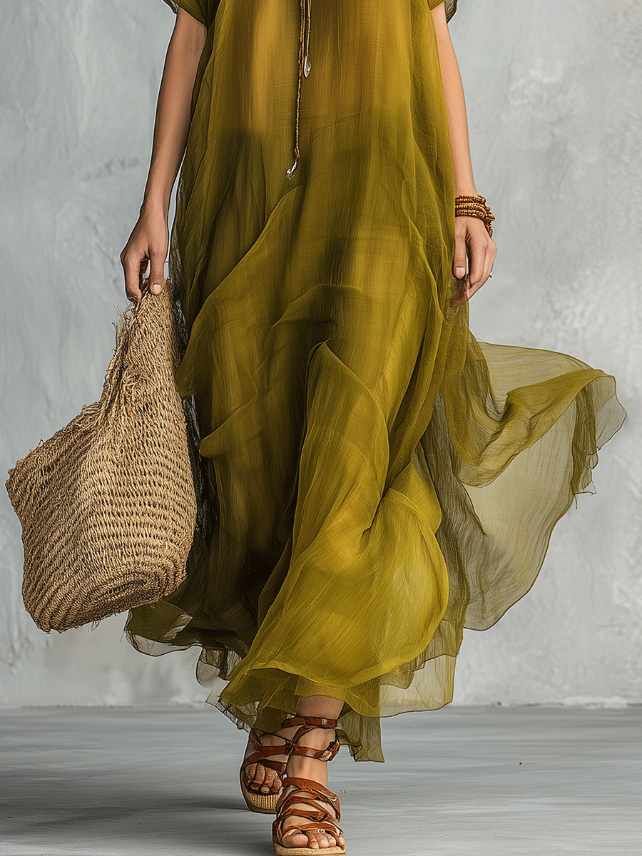 Robe longue bohème vert olive avec silhouette drapée