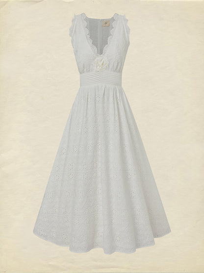 Robe longue en coton, sans manches, col en V, unie, dentelle, vintage, blanche