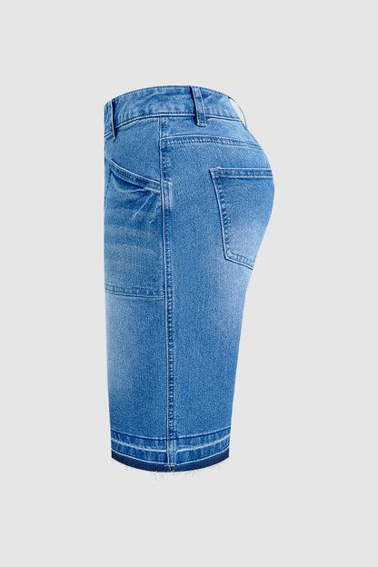 Raw Hem Mid Waist Denim Bermuda Shorts Without Belt