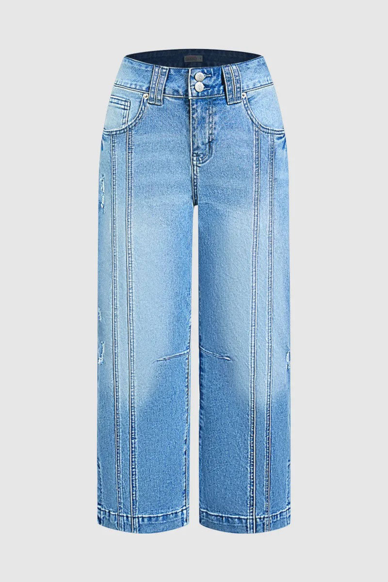 Wash Side Split Ripped Detail Mid Waist Wide Leg Cropped Jeans