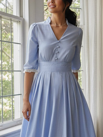 Robe midi en coton, demi-manches, col en V, unie, dentelle, vintage, bleue