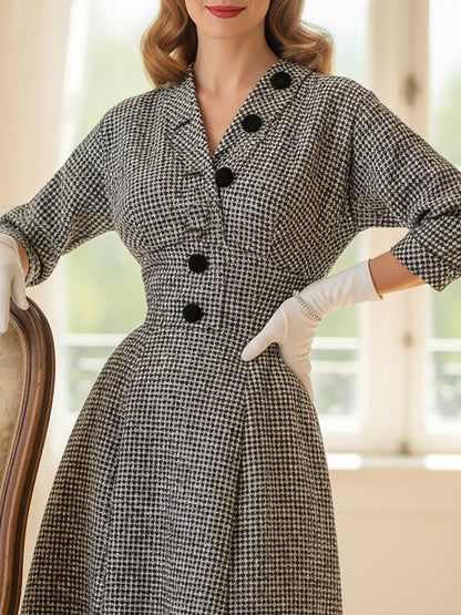 Robe midi en laine, manches courtes, col en V, à carreaux, avec ceinture, style vintage, noire