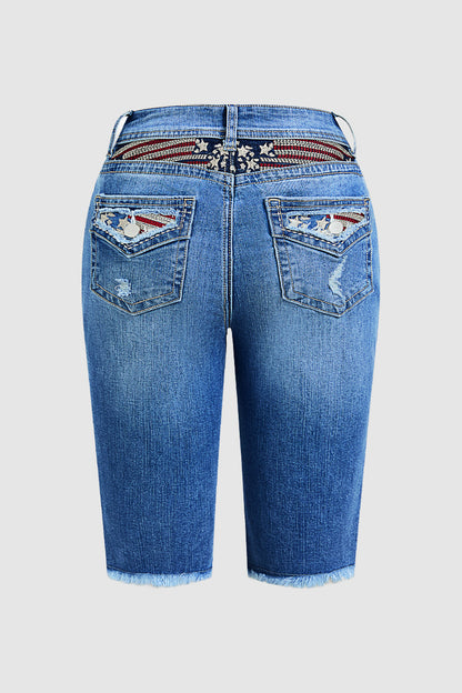 Star & Stripe Embroidery Raw Hem Ripped High Waist Denim Bermuda Shorts