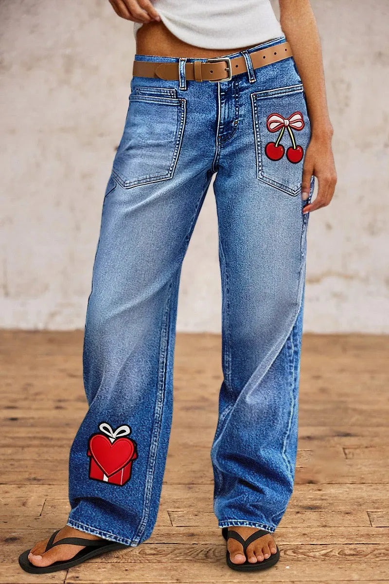 Valentine's Day Pattern Embroidered Patch Pocket Mid Rise Straight Leg Jeans Without Belt