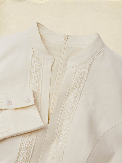 Robe longue en coton, Manches longues, Col en V, Unie, Dentelle, Vintage, Blanche