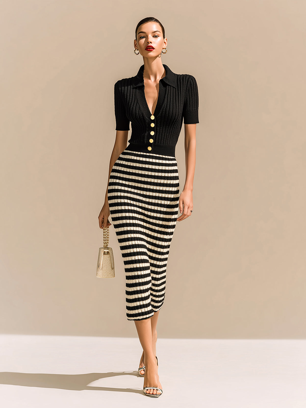 Chic Vintage Black Lapel V-Neck Button-Front Short-Sleeve Sweater And Striped Bodycon Midi Skirt Knit Two-Piece Set