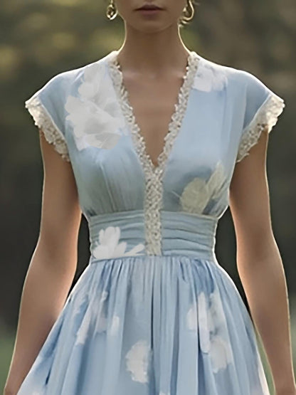 (TAILLE:XS-XXL)Robe longue en lin, sans manches, col en V, à fleurs, vintage, bleu clair