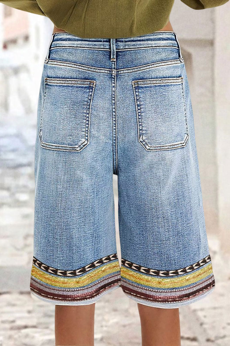 Embroidery Mid Waist Denim Bermuda Shorts Without Belt