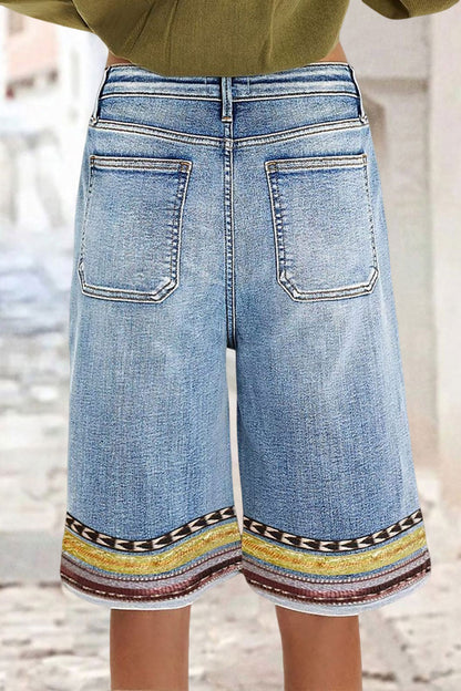 Embroidery Mid Waist Denim Bermuda Shorts Without Belt