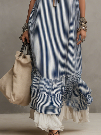 Robe décontractée à rayures bleues et blanches, patchwork et ourlet à volants