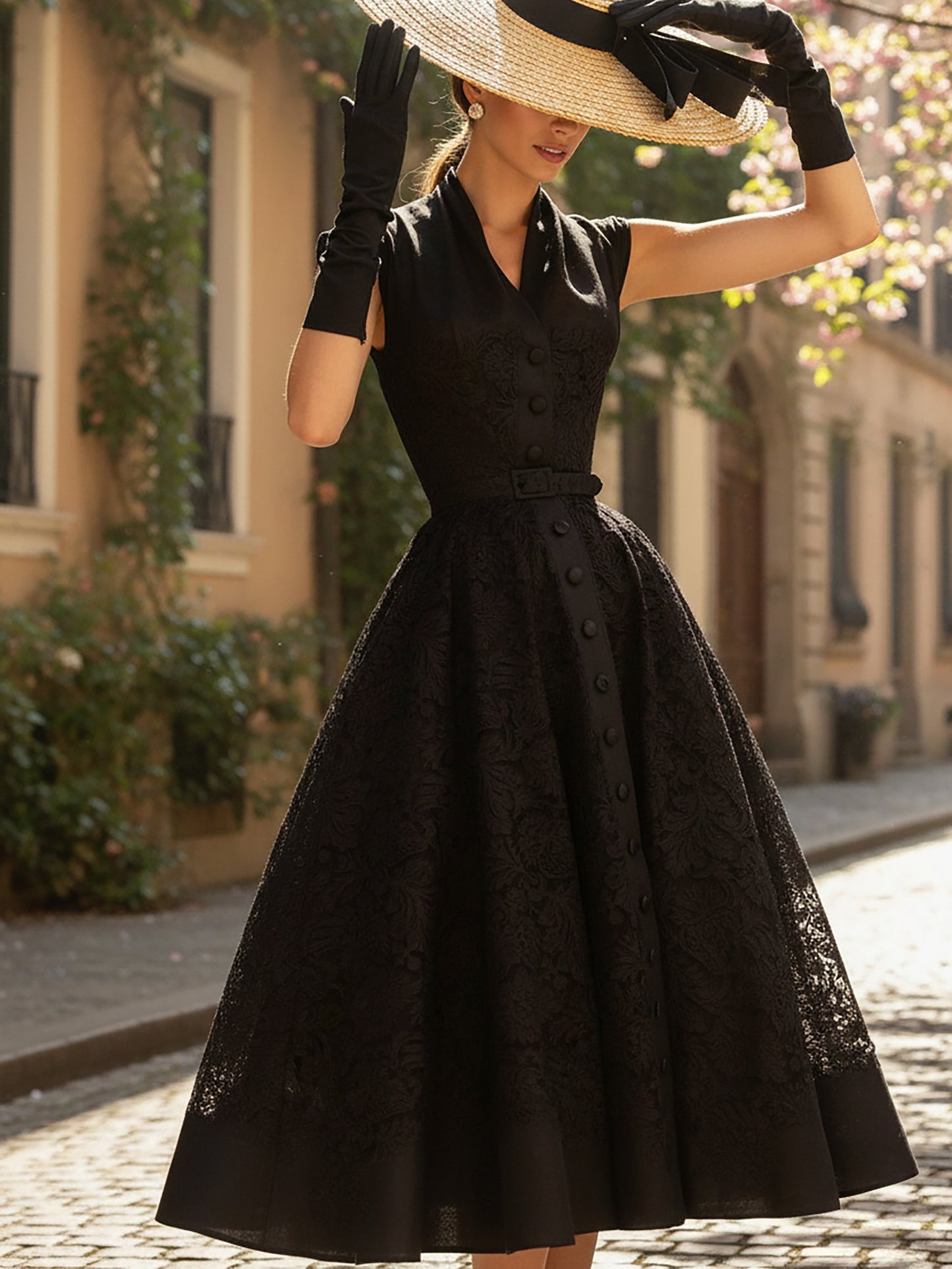 Robe Midi en Lin, Sans Manches, Col en V, Dentelle, Boutons Décoratifs, Style Vintage Français, Noir