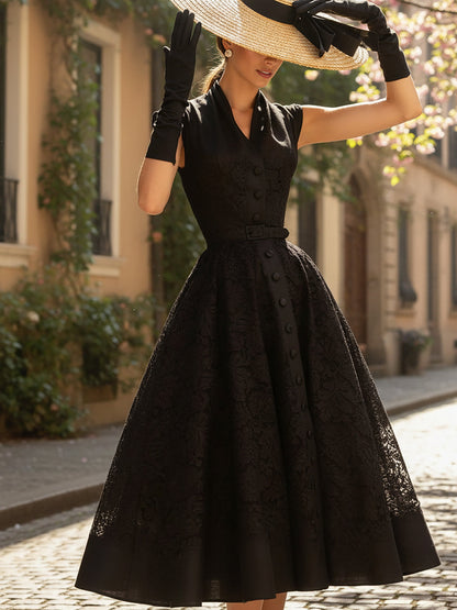Robe Midi en Lin, Sans Manches, Col en V, Dentelle, Boutons Décoratifs, Style Vintage Français, Noir