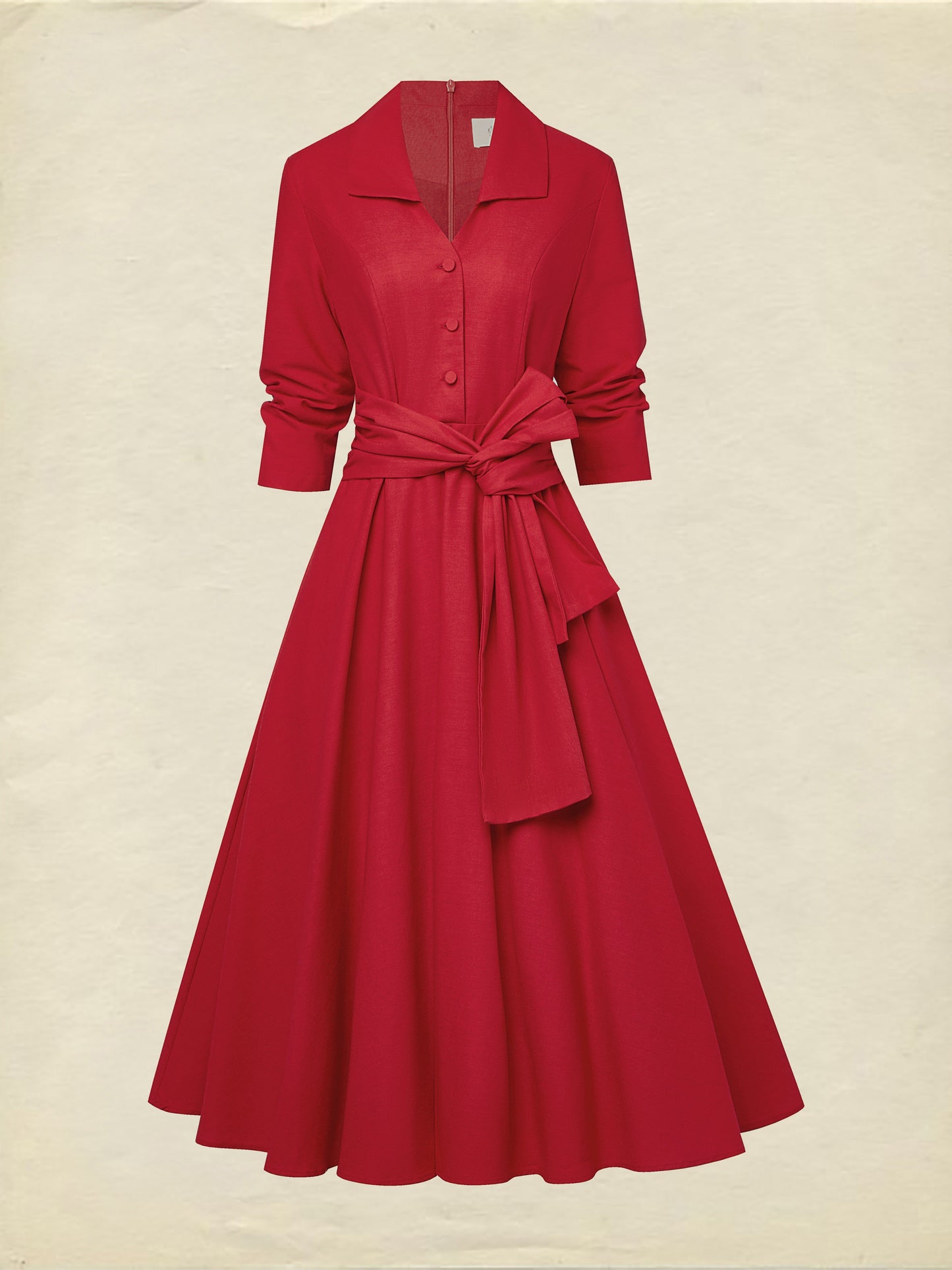 Robe Midi en Lin, Manches Mi-Longues, Col Châle, Unie, Boutonnée, Style Vintage Français, Rouge