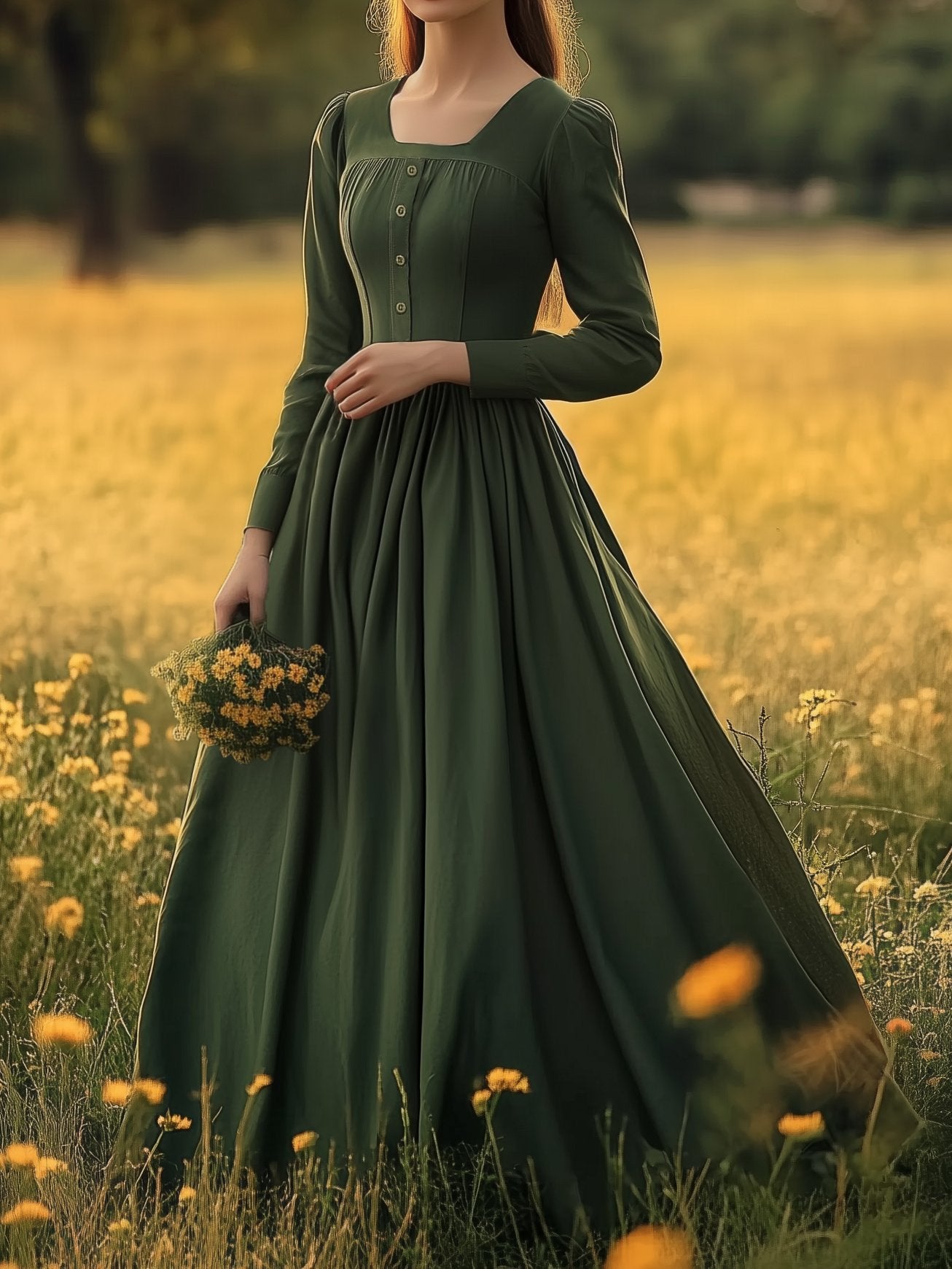 Robe longue en lin, col carré, manches longues, style victorien, mélange de lin, vert