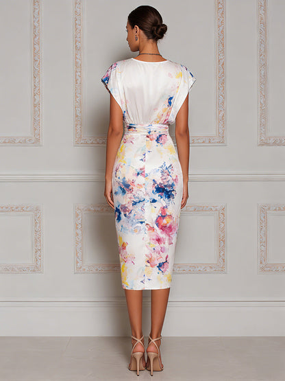 Ethereal Watercolor Floral Surplice Midi Dress