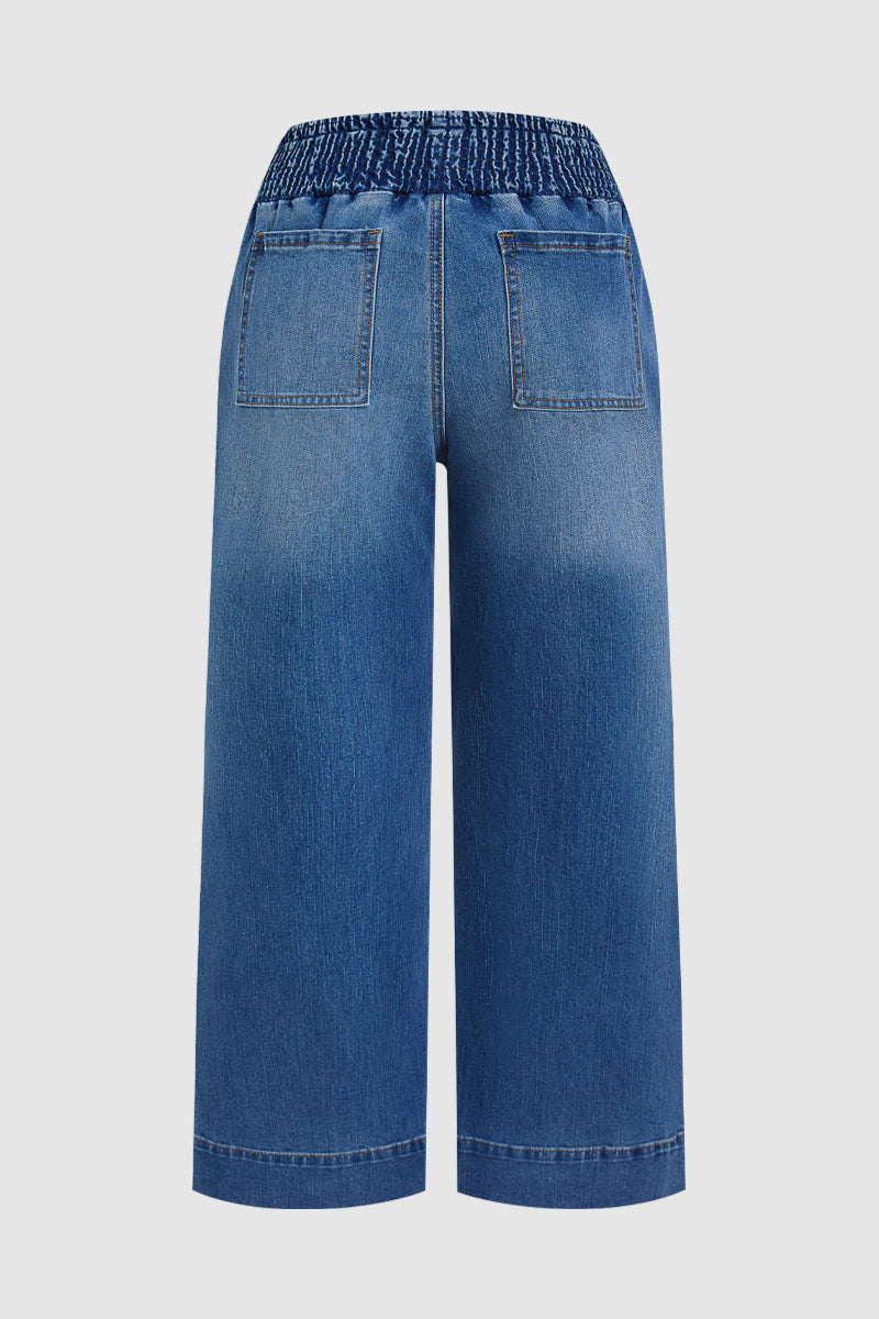 Wash Patch Pocket Tie Front Shirred High Rise Wide Leg Jeans