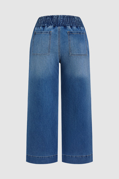 Wash Patch Pocket Tie Front Shirred High Rise Wide Leg Jeans