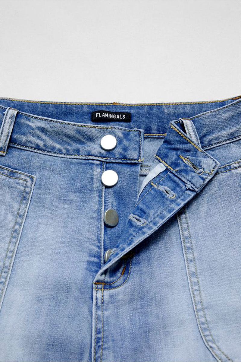 Multi Pocket Button Fly Mid Rise Straight Leg Crop Jeans Without Belt