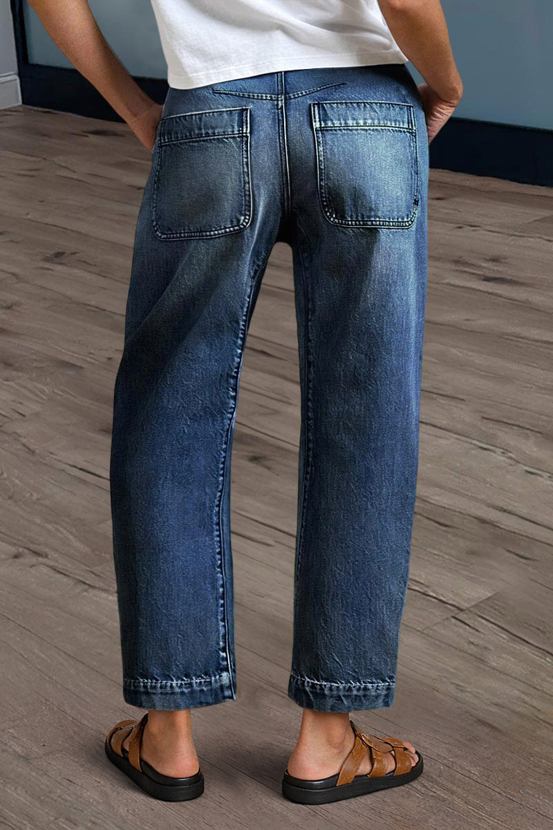 Wash Stitch Detail Mid Rise Barrel Leg Crop Jeans Without Belt