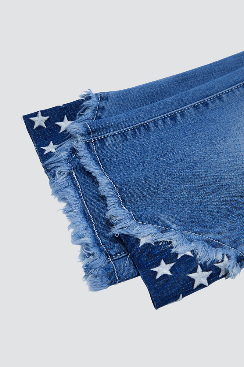 Stripe & Star Embroidery Raw Hem Mid Waist Skinny Capri Jeans