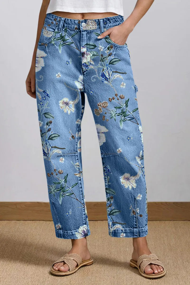 Wash Floral Print Flap Pocket Mid Rise Barrel Leg Crop Jeans