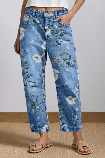 Wash Floral Print Flap Pocket Mid Rise Barrel Leg Crop Jeans