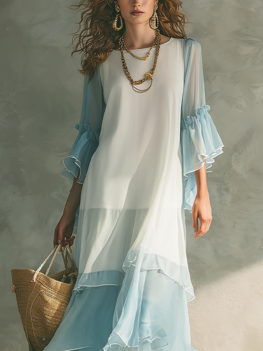 Robe longue étagée en mousseline de soie bleu clair, fraîche et rafraîchissante