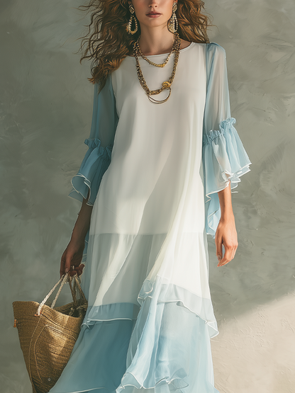 Robe longue étagée en mousseline de soie bleu clair, fraîche et rafraîchissante