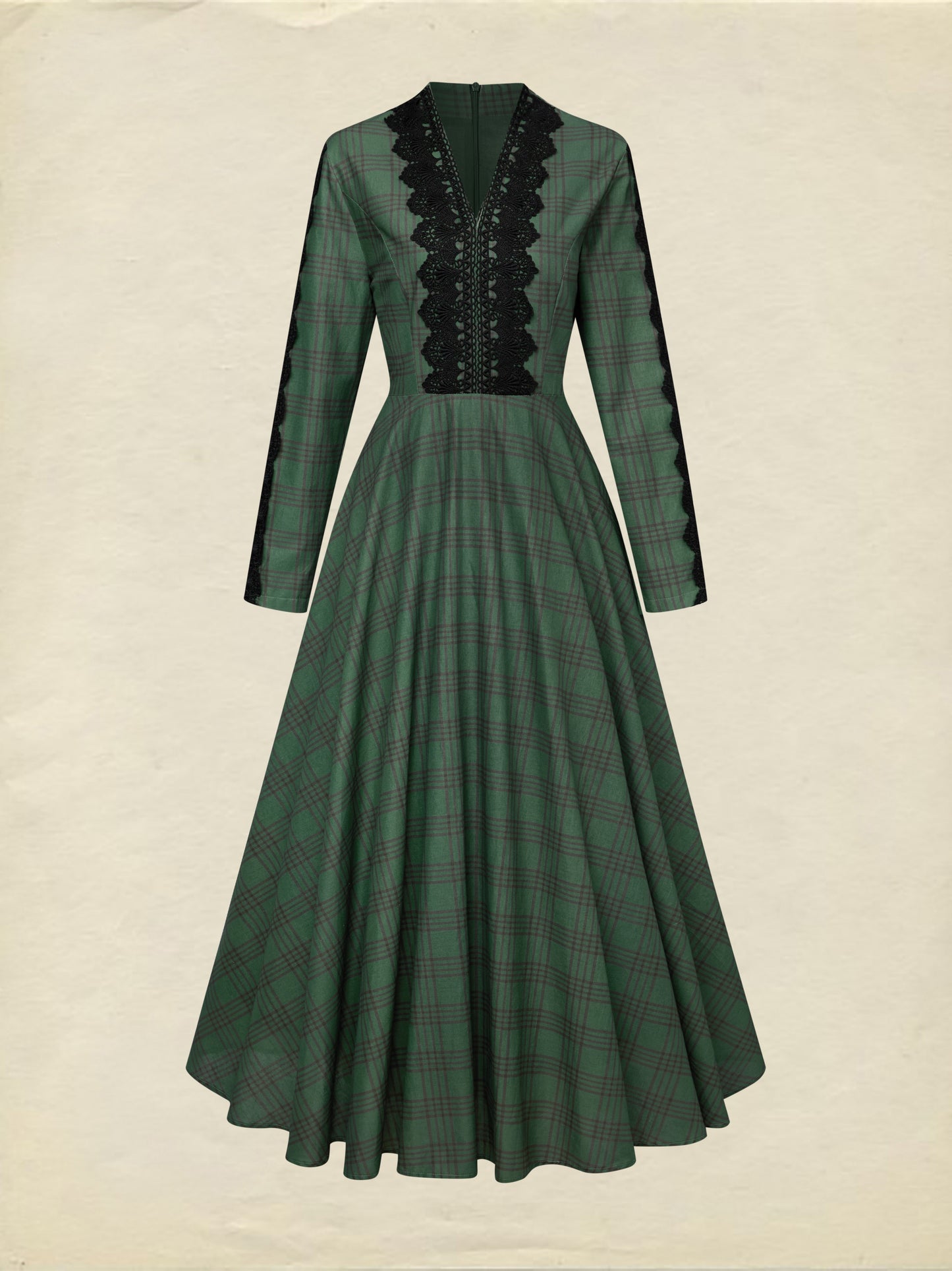 Robe longue en lin, manches longues, col en V, carreaux, dentelle, vintage, vert profond