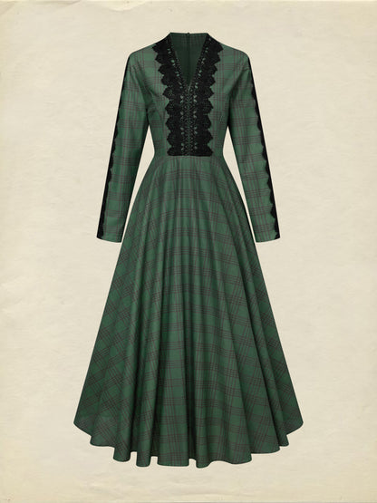 Robe longue en lin, manches longues, col en V, carreaux, dentelle, vintage, vert profond