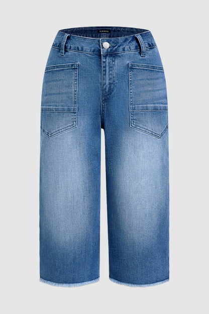 Wash Patch Pocket Raw Hem High Rise Straight Leg Capri Jeans