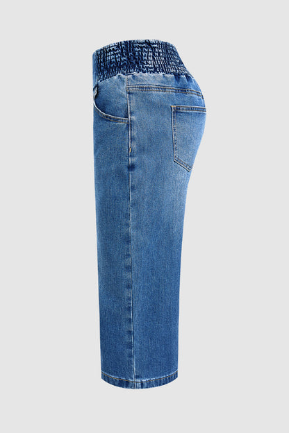 Stitch Detail Shirred High Waist Wide Leg Capri Jeans