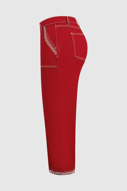Contrast Stitch Mid Rise Barrel Leg Crop Pants
