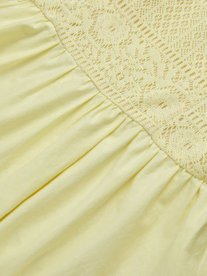 Robe Midi en Coton, Sans Manches, Col Rond, Unie, Dentelle, Vintage Français, Jaune Clair
