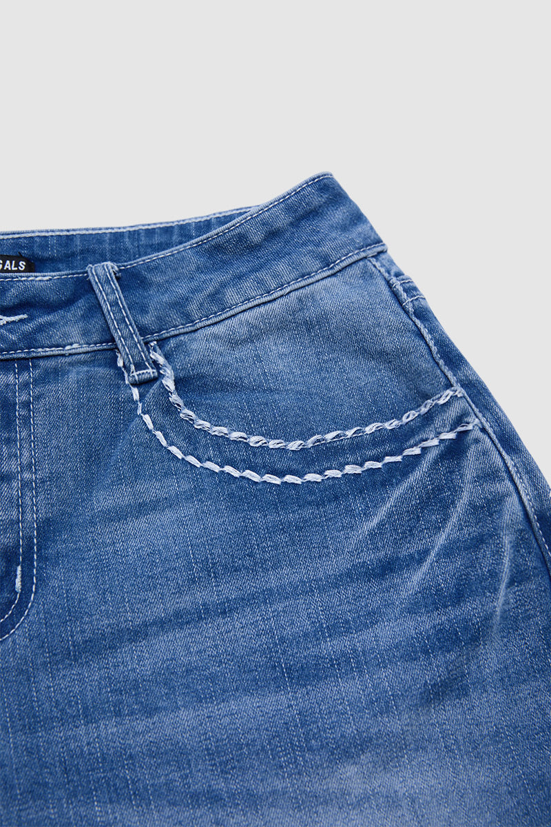 Stitch Detail Mid Waist Skinny Rolled Hem Capri Jeans