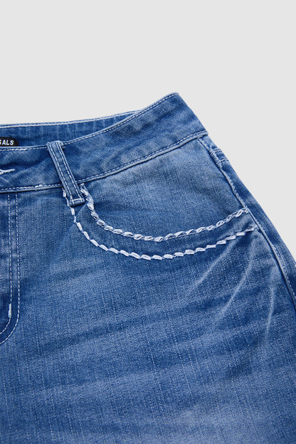 Stitch Detail Mid Waist Skinny Rolled Hem Capri Jeans