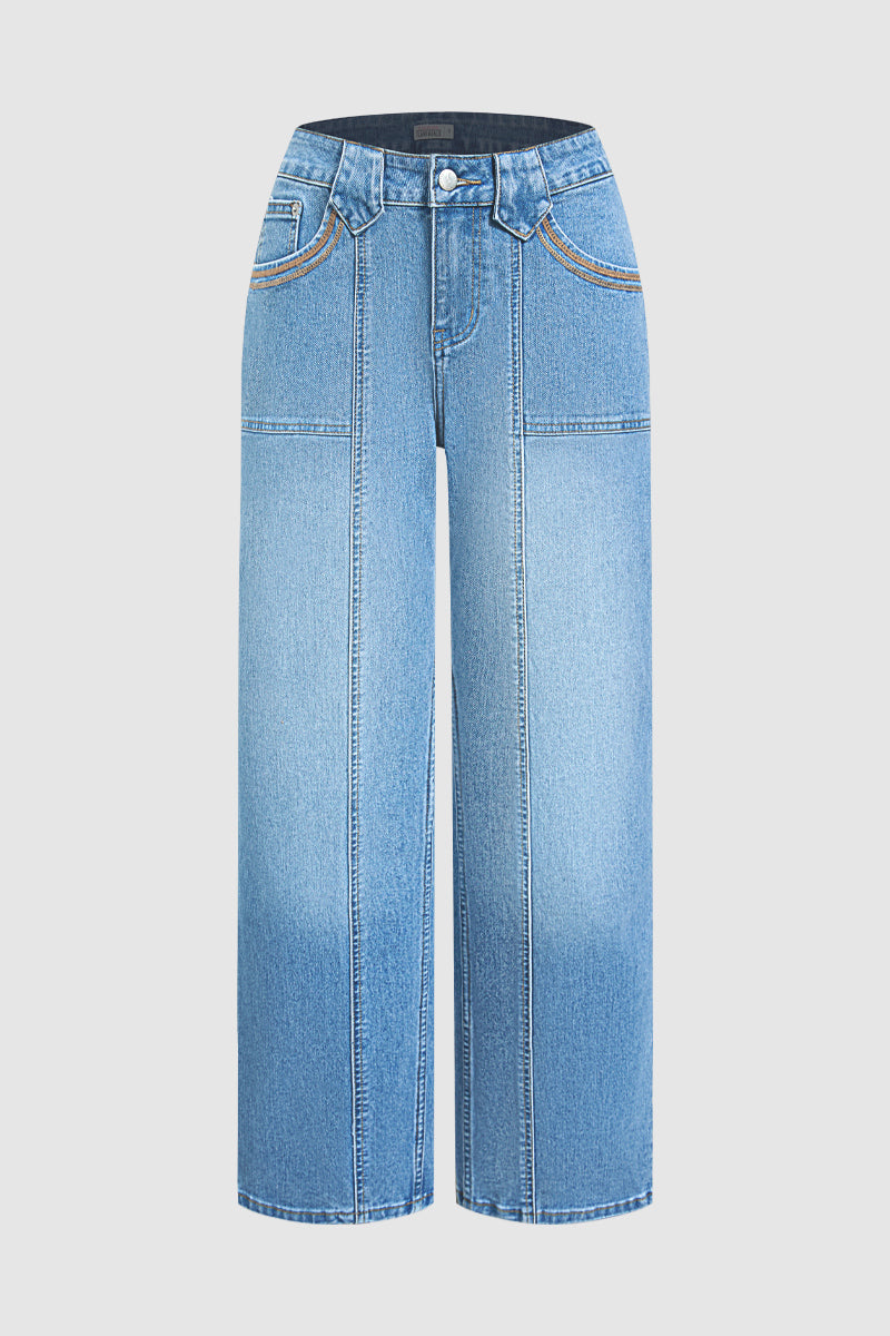 Stitch Detail Mid Waist Wide Leg Jeans Without Belt