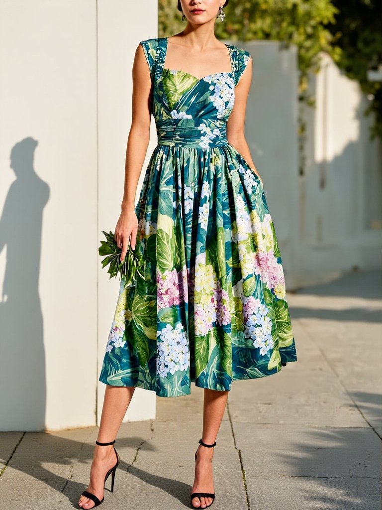 Robe midi en lin, sans manches, encolure en cœur, florale, vacances, vintage, bleue
