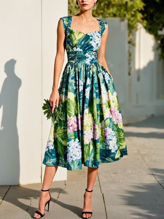 Robe midi en lin, sans manches, encolure en cœur, florale, vacances, vintage, bleue