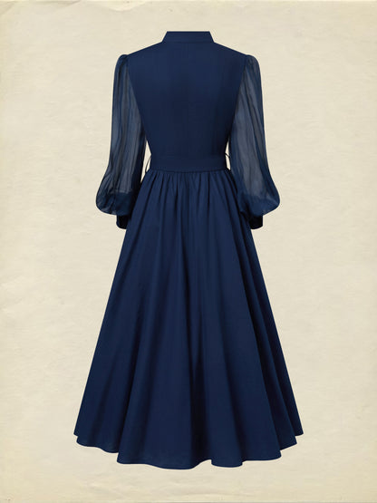 Robe longue en coton, manches longues, col montant, unie, ceinture, vintage français, violet bleu