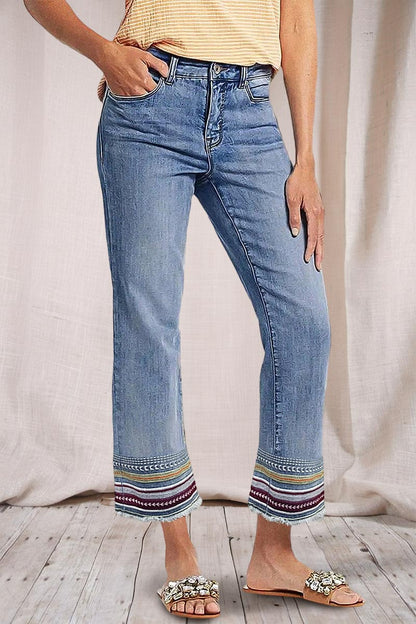 Wash Embroidery Raw Hem Mid Rise Crop Jeans