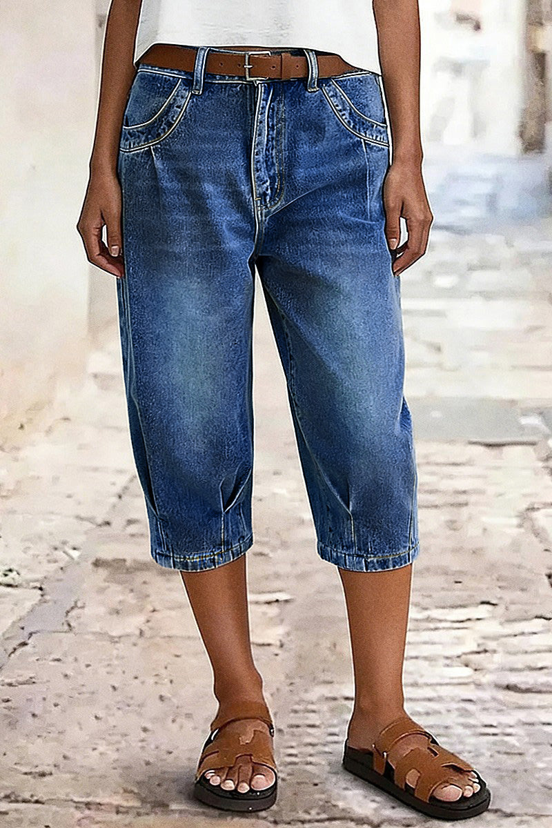Wash Pleated Mid Rise Capri Tapered Jeans Without Belt