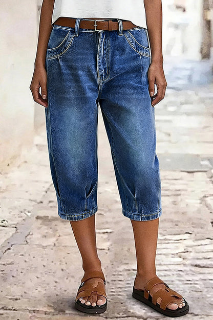 Wash Pleated Mid Rise Capri Tapered Jeans Without Belt