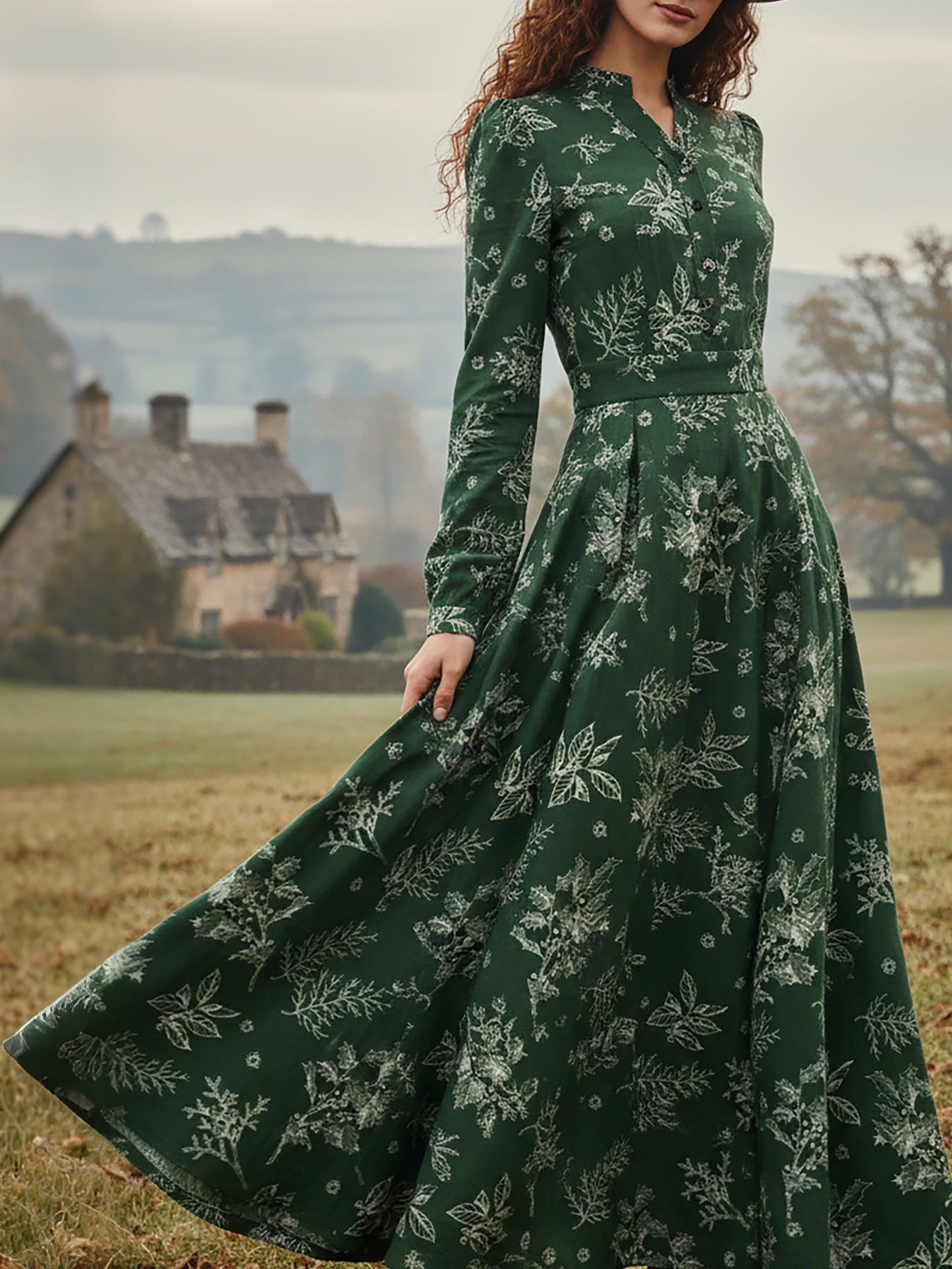 Robe longue en lin, manches longues, col en V, motif floral, boutonnée, style vintage, vert foncé
