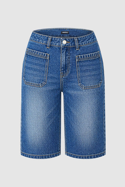 Wash Stitch Detail Patch Pocket High Rise Denim Bermuda Shorts
