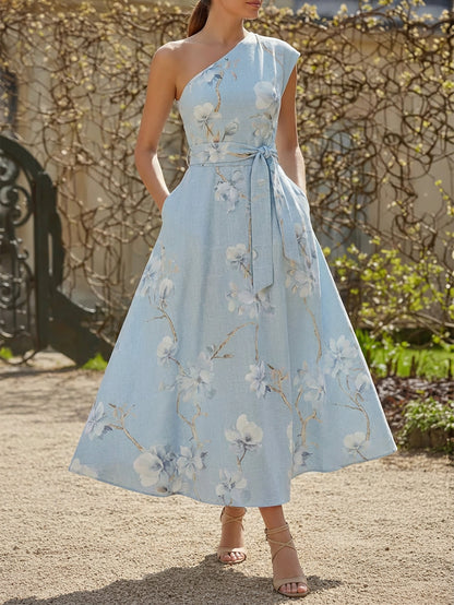 Robe longue en lin, sans manches, asymétrique (une épaule), à motifs floraux, avec ceinture, style vacances, vintage, bleue