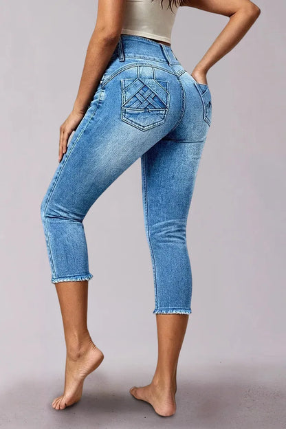 Braided Detail Raw Hem High Rise Capri Skinny Jeans