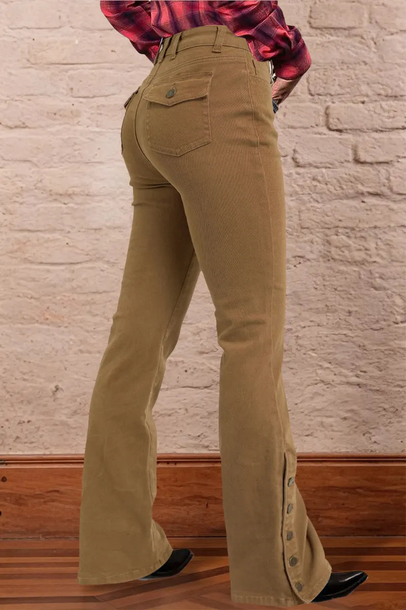 Wash Mid Waist Buttoned Hem Bootcut Jeans Without Belt