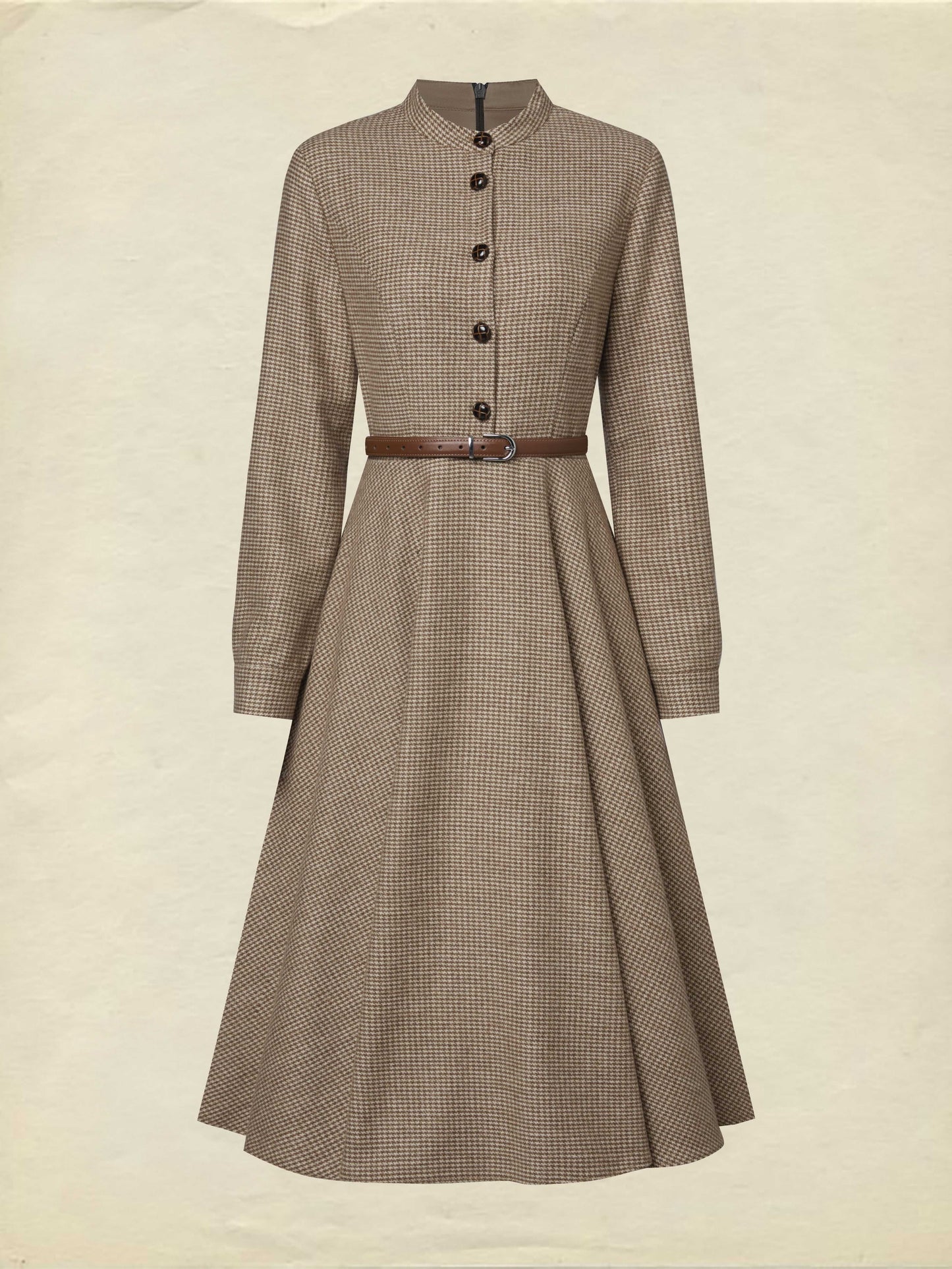 Robe Midi en Laine, Manches Longues, Col Montant, Pied-de-Poule, Boutonnée, Vintage, Marron